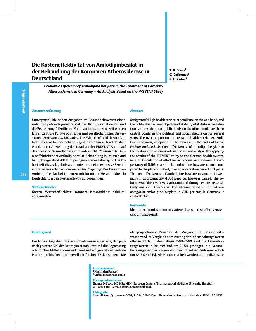 Vorschauseite 1: Die Kosteneffektivität von Amlodipinbesilat in der Behandlung der Koronaren Atherosklerose in Deutschland