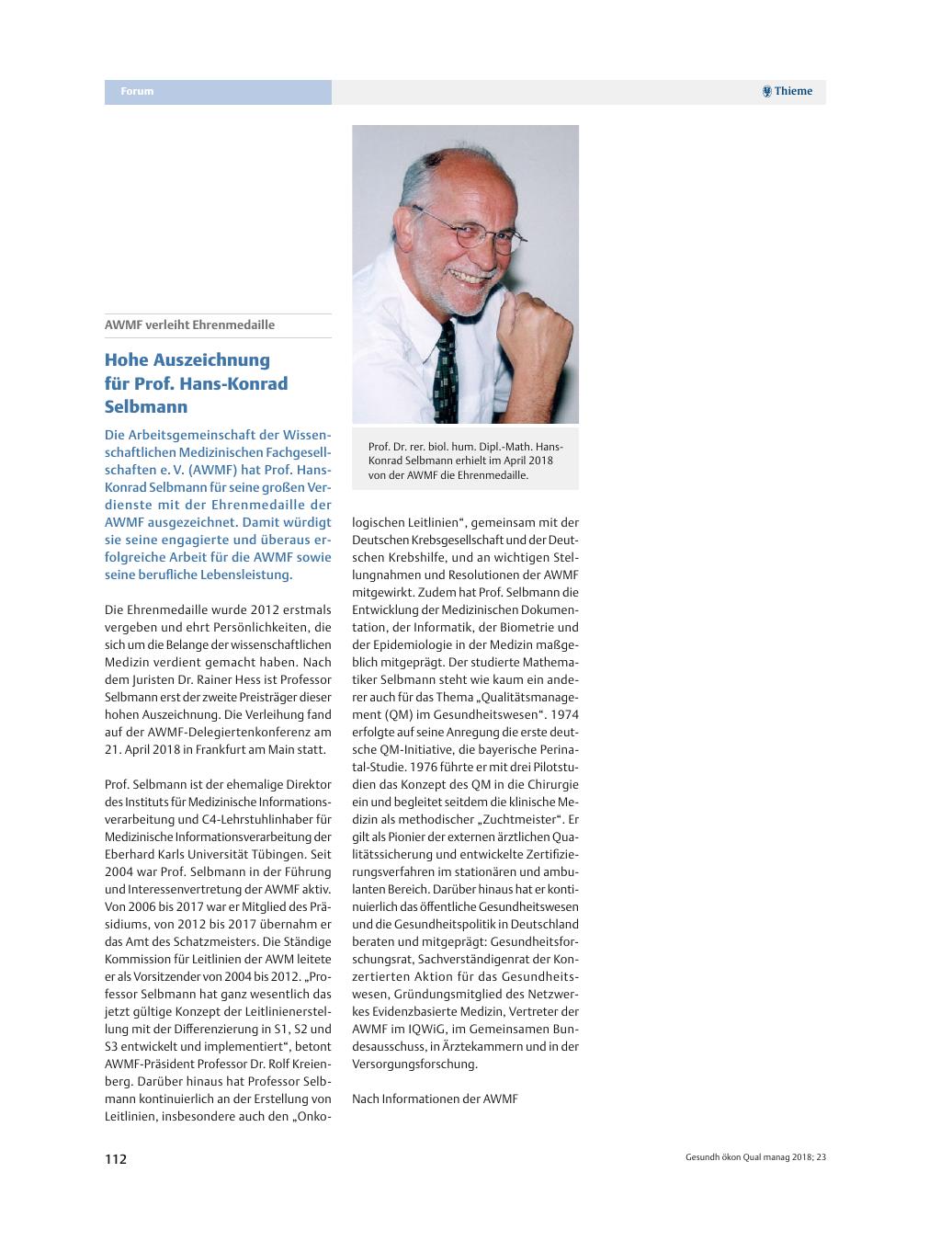 Vorschauseite 1: AWMF verleiht Ehrenmedaille – Hohe Auszeichnung für Prof. Hans-Konrad Selbmann