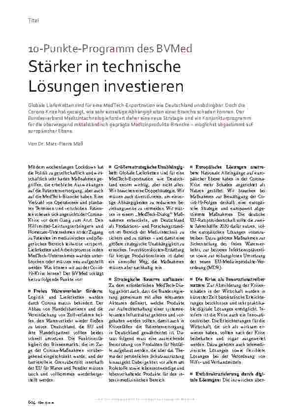 Vorschauseite 1: 10-Punkte-Programm des BVMed: Stärker in technische Lösungen investieren
