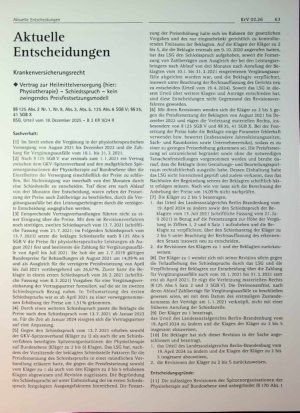 Vorschauseite 1: Krankenversicherungsrecht ♦ Vertrag zur Heilmittelversorgung (hier: Physiotherapie) - Schiedsspruch - kein zwingendes Preisfestsetzungsmodell