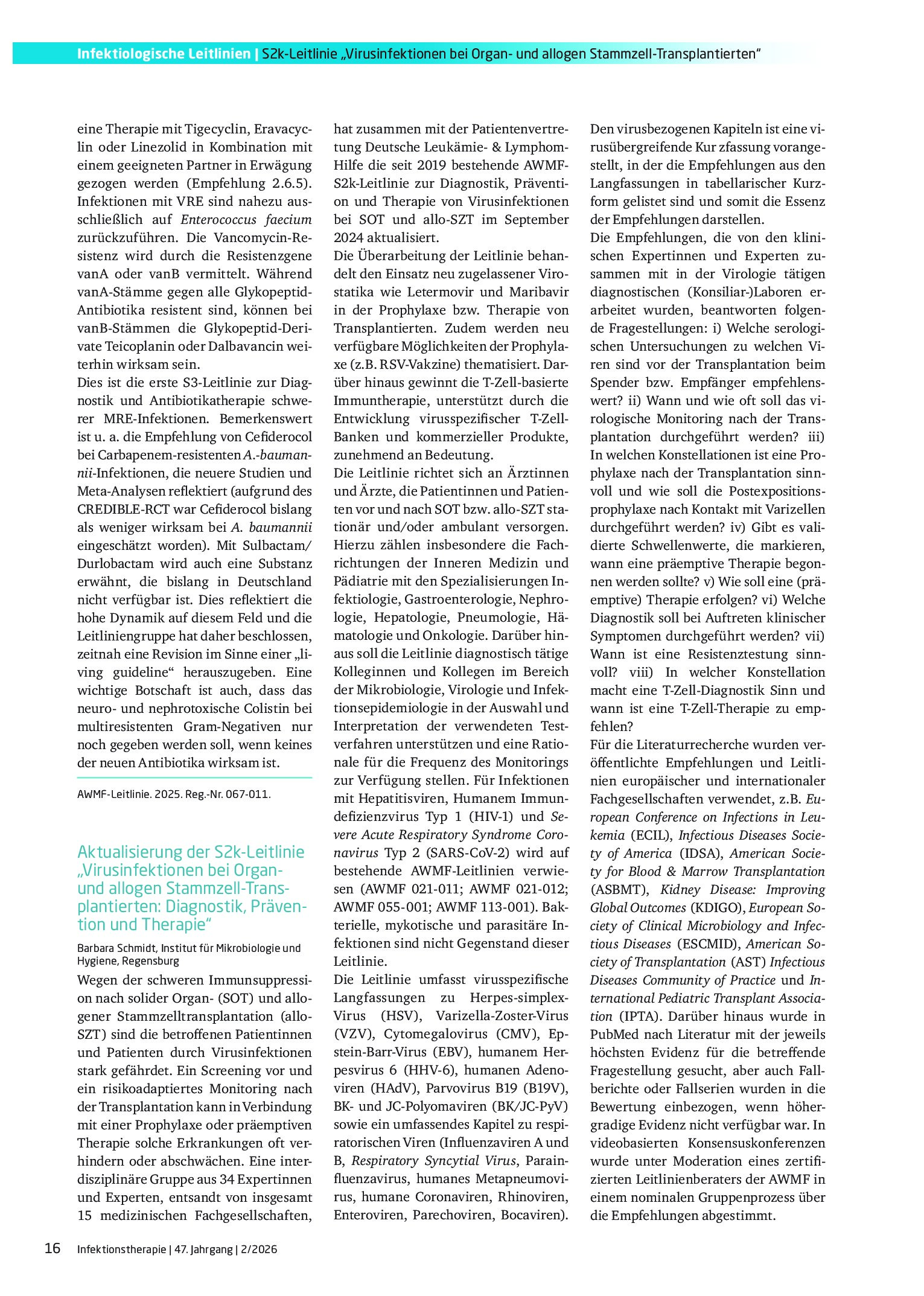 Vorschauseite 1: Aktualisierung der S2k-Leitlinie „Virusinfektionen bei Organ- und allogen Stammzell-Transplantierten: Diagnostik, Prävention und Therapie“