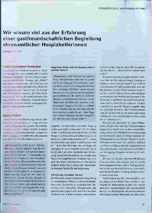 Vorschauseite 1: Wir wissen viel aus der Erfahrung einer gastfreundschaftlichen Begleitung ehrenamtlicher Hospizhelferinnen.