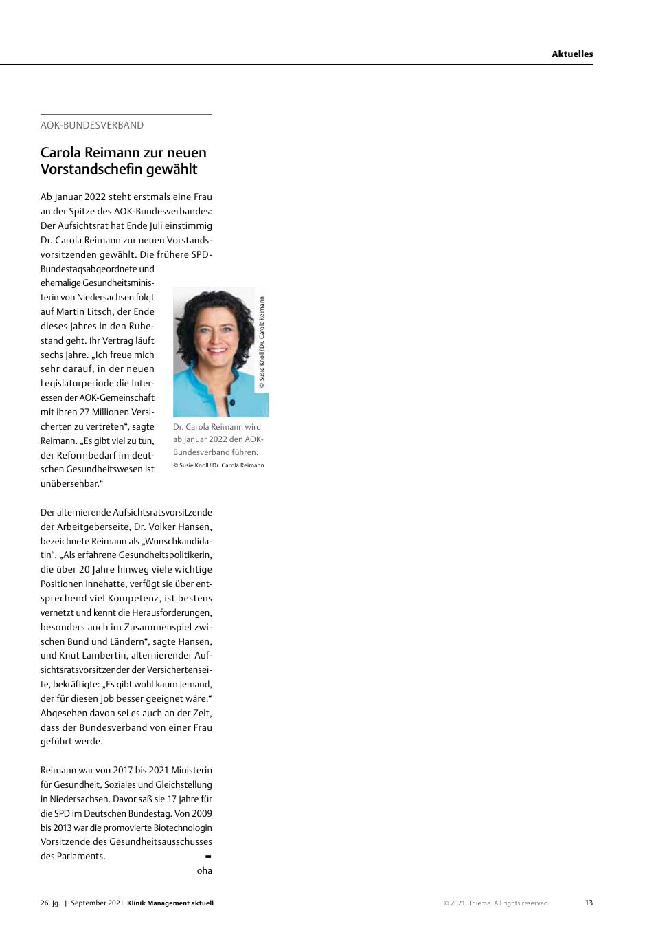 Vorschauseite 1: AOK-Bundesverband: Carola Reimann zur neuen Vorstandsvorsitzenden gewählt
