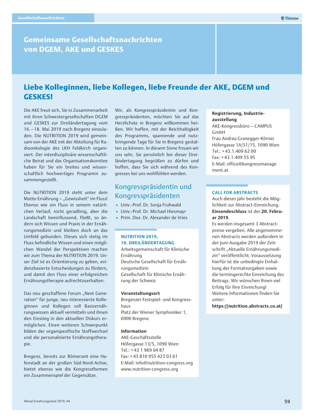 Vorschauseite 1: Gemeinsame Gesellschaftsnachrichten von DGEM, AKE und GESKES