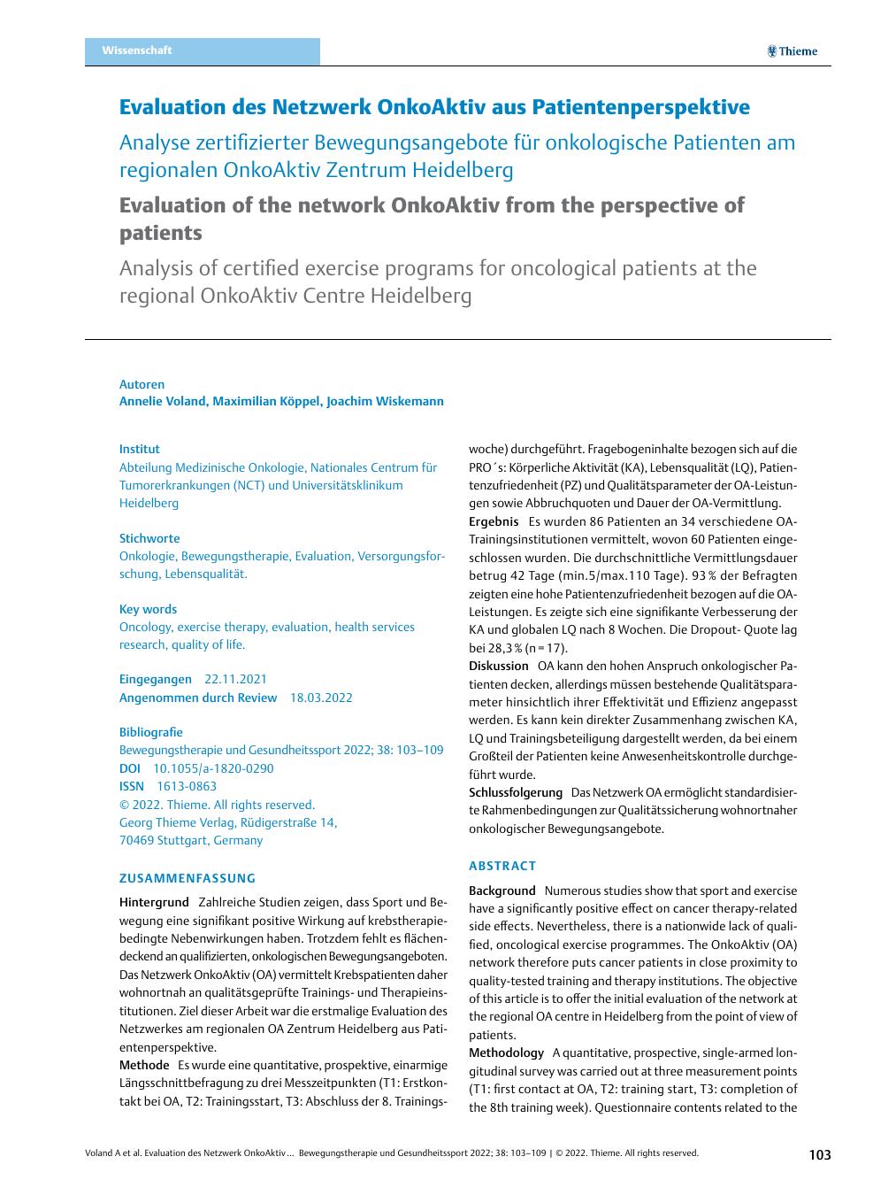 Vorschauseite 1: Evaluation des Netzwerks OnkoAktiv aus Patientenperspektive