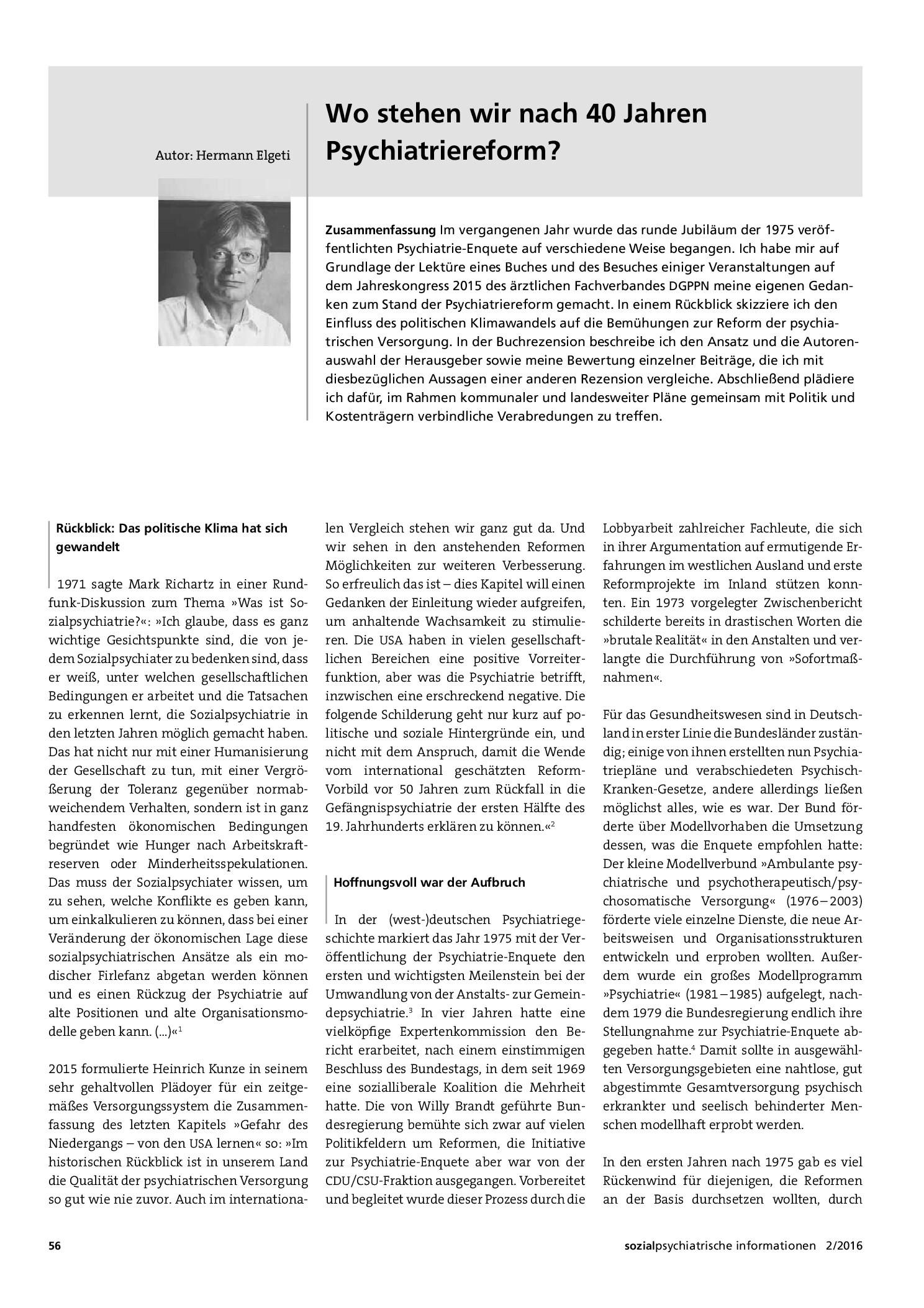 Vorschauseite 1: Wo stehen wir nach 40 Jahren Psychiatriereform?