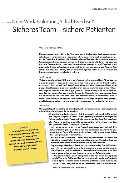Vorschauseite 1: New-Work-Kolumne „Schichtwechsel“ Sicheres Team – sichere Patienten
