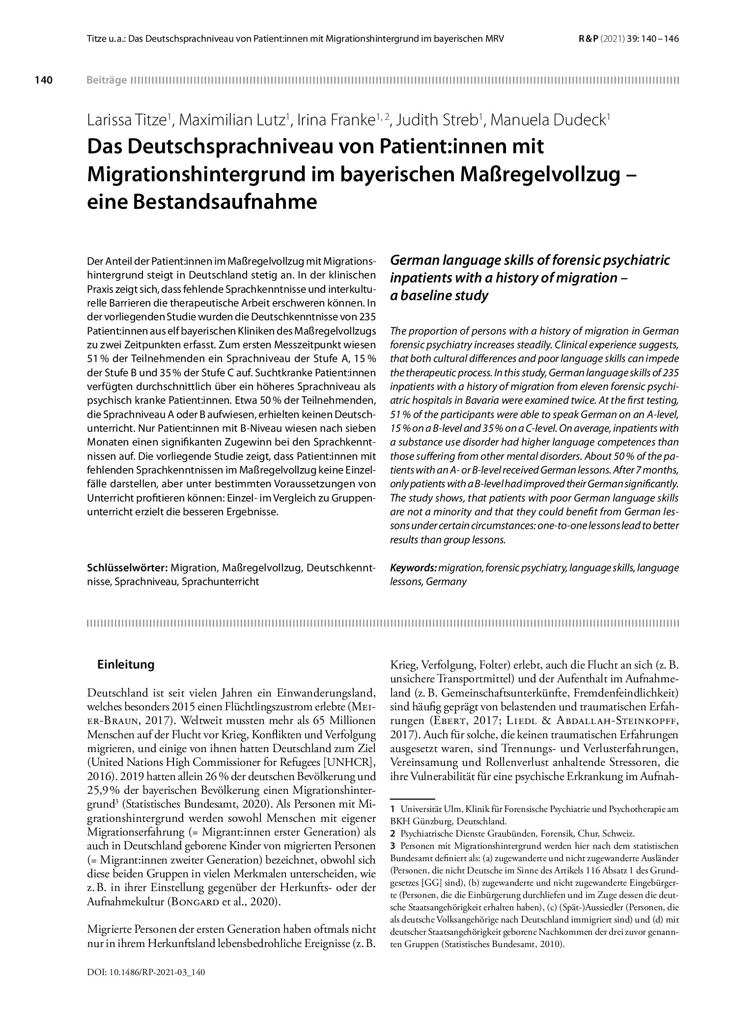Vorschauseite 1: Das Deutschsprachniveau von Patient: innen mit Migrationshintergrund im bayerischen Maßregelvollzug – eine Bestandsaufnahme
