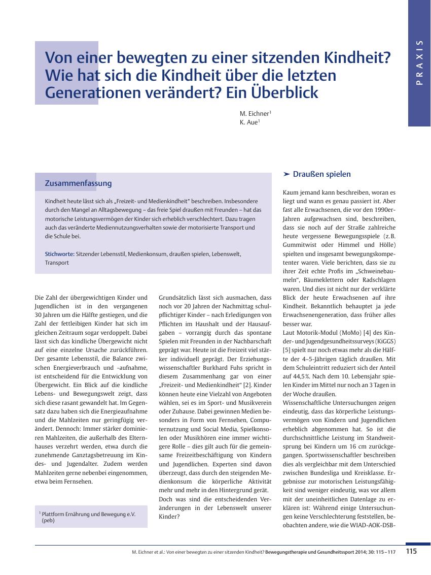 Vorschauseite 1: Von einer bewegten zu einer sitzenden Kindheit? Wie hat sich die Kindheit über die letzten Generationen verändert? Ein Überblick