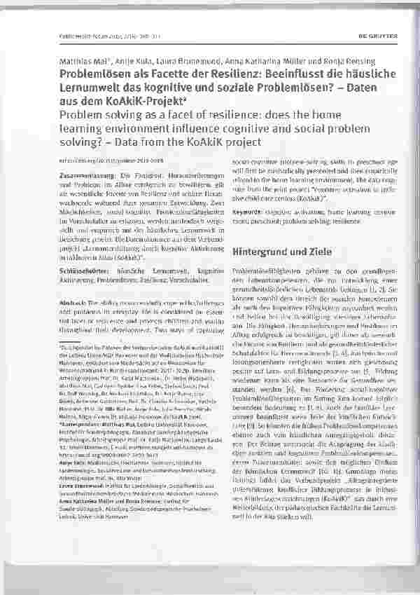 Vorschauseite 1: Problemlosen als Facette der Resilienz: Beeinflusst die häusliche Lernumwelt das kognitive und soziale Problemlosen? - Daten aus dem KoAkiK-Projekta