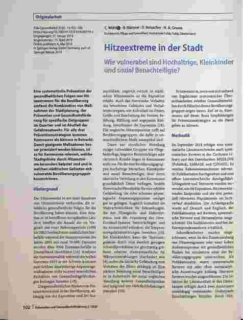 Vorschauseite 1: Hitzeextreme in der Stadt: Wie vulnerabel sind Hochaltrige, Kleinkinder und sozial Benachteiligte?