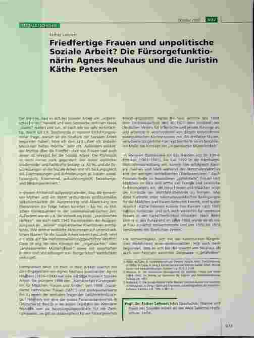 Vorschauseite 1: Friedfertige Frauen und unpolitische Soziale Arbeit? Die Fürsorgefunktionärin Agnes Neuhaus und die Juristin Käthe Petersen