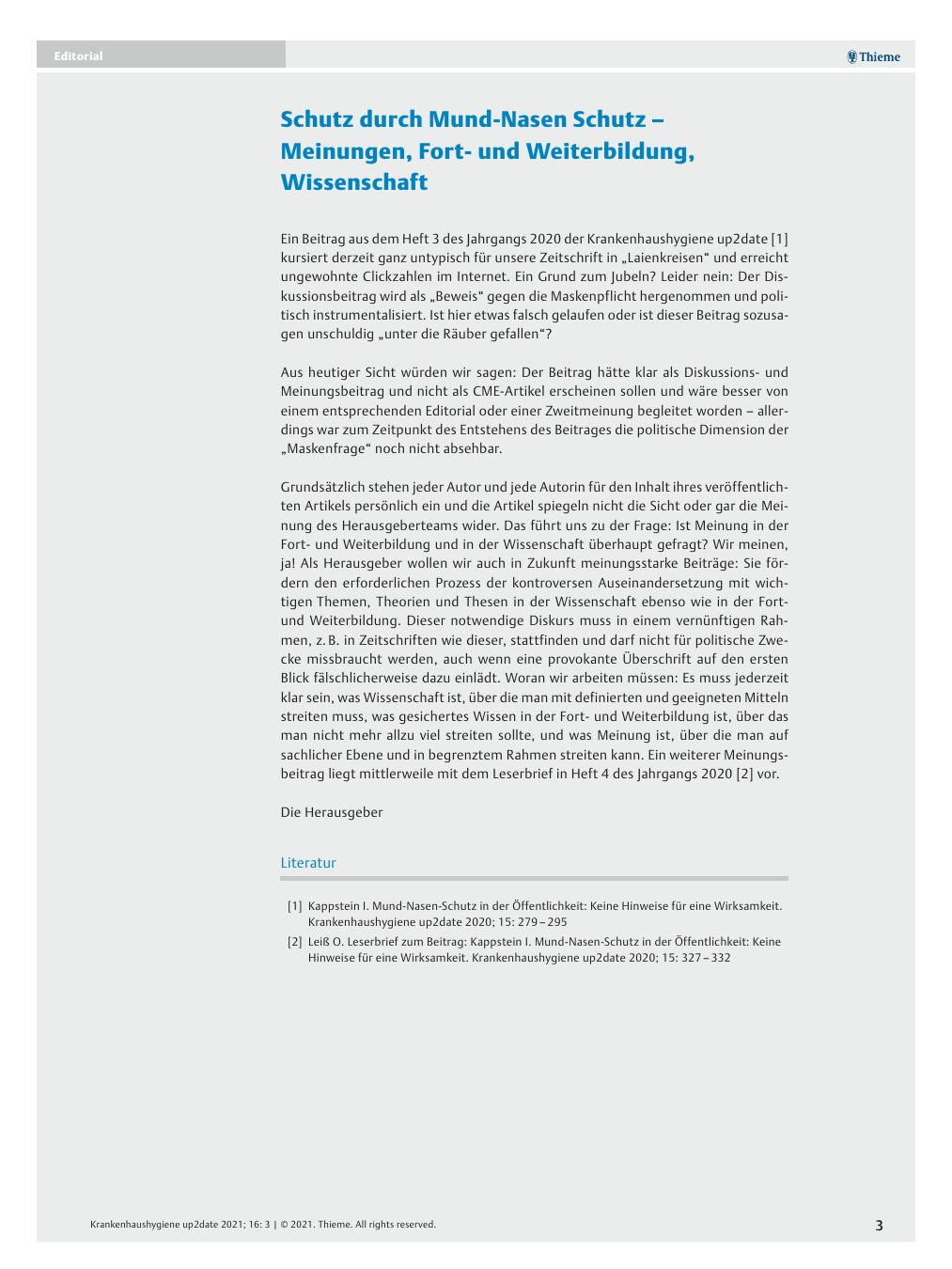 Vorschauseite 1: Schutz durch Mund-Nasen-Schutz? Meinungen, Fortund Weiterbildung, Wissenschaft