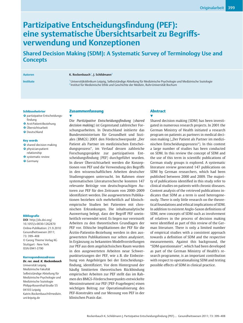 Vorschauseite 1: Partizipative Entscheidungsfindung (PEF): eine systematische Übersichtsarbeit zu Begriffsverwendung und Konzeptionen
