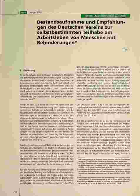 Vorschauseite 1: Bestandsaufnahme und Empfehlungen des Deutschen Vereins zur selbstbestimmten Teilhabe am Arbeitsleben von Menschen mit Behinderungen.