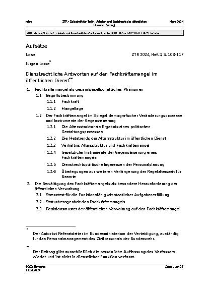 Vorschauseite 1: Dienstrechtliche Antworten auf den Fachkräftemangel im öffentlichen Dienst.