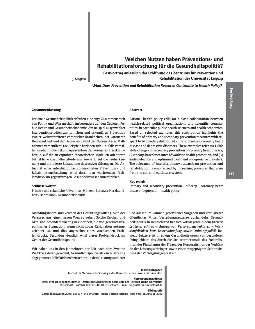 Vorschauseite 1: Welchen Nutzen haben Präventionsund Rehabilitationsforschung für die Gesundheitspolitik?