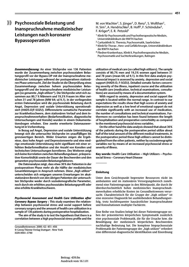 Vorschauseite 1: Psychosoziale Belastung und Inanspruchnahme medizinischer Leistungen nach koronarer Bypassoperation