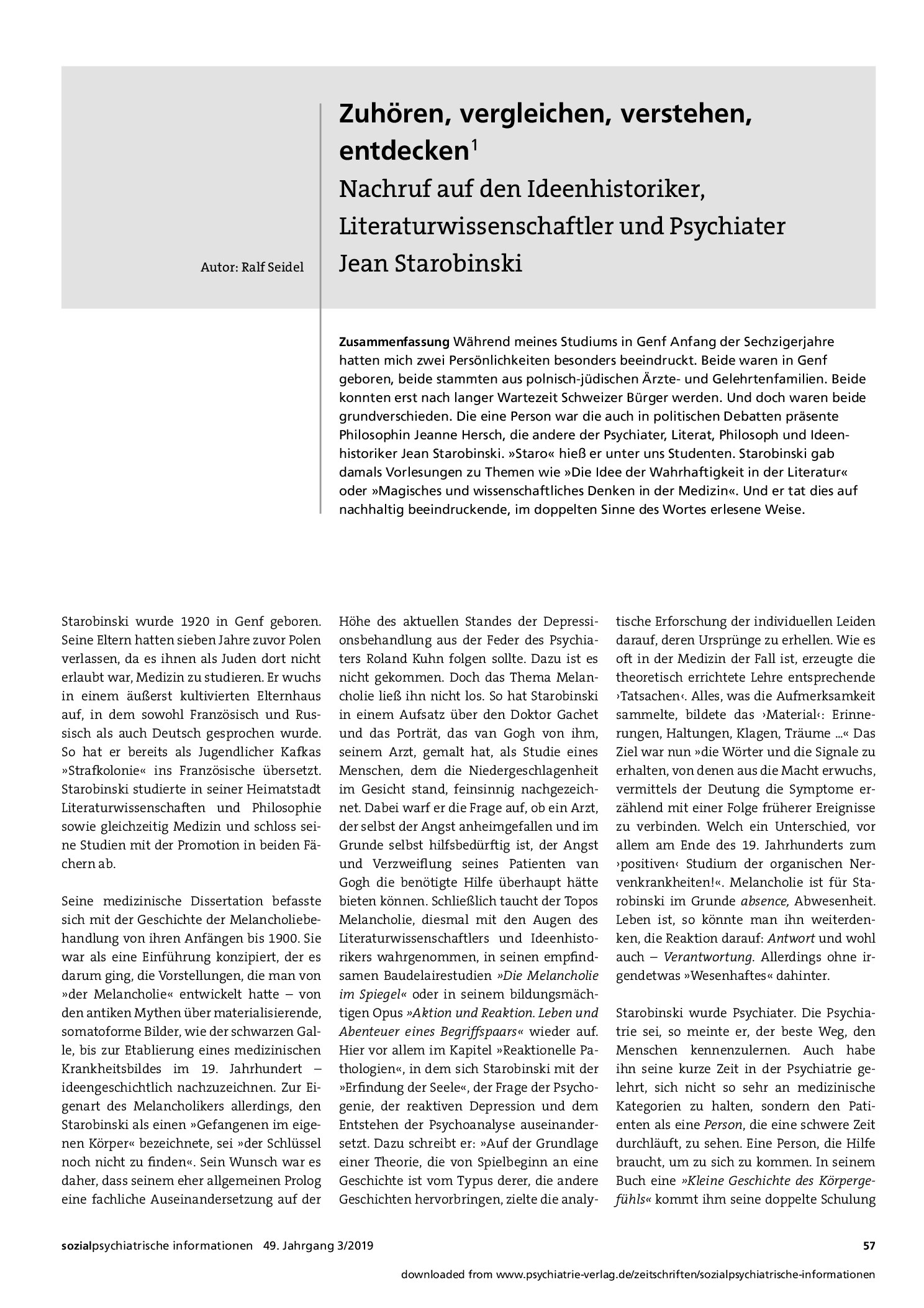 Vorschauseite 1: Zuhören, Vergleichen, Verstehen, Entdecken. Nachruf auf den Ideenhistoriker, Literaturwissenschaftler und Psychiater Jean Starobinski