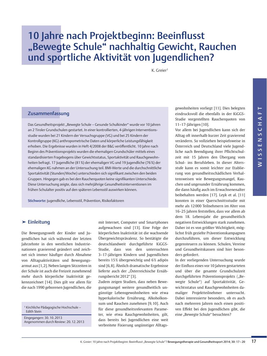 Vorschauseite 1: 10 Jahre nach Projektbeginn: Beeinflusst „Bewegte Schule“ nachhaltig Gewicht, Rauchen und sportliche Aktivität von Jugendlichen?