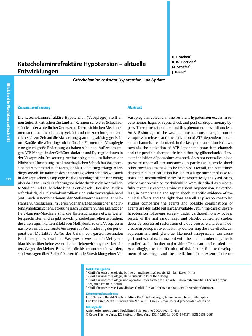 Vorschauseite 1: Katecholaminrefraktäre Hypotension - aktuelle Entwicklungen