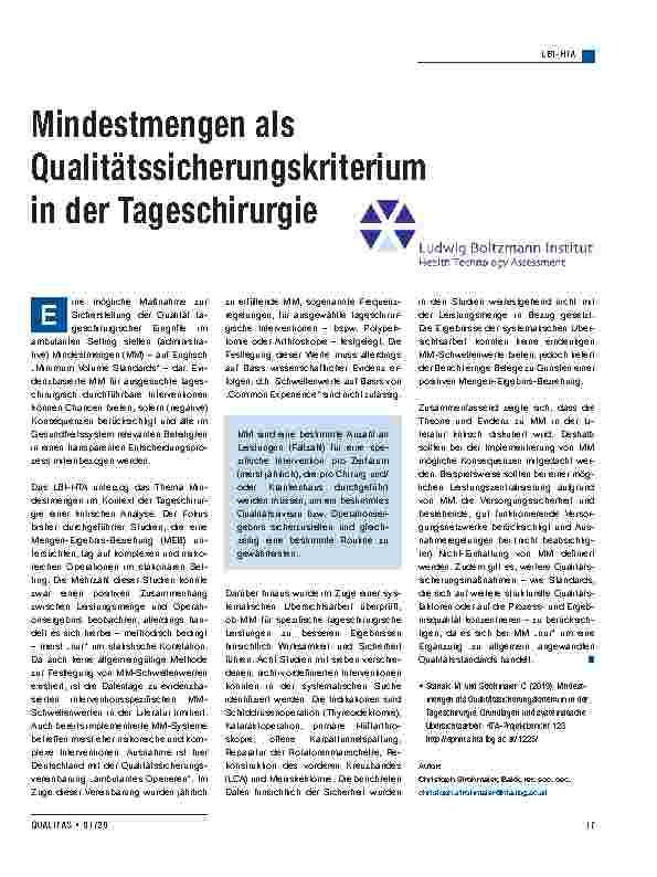 Vorschauseite 1: Mindestmengen als Qualitätssicherungskriterium in der Tageschirurgie