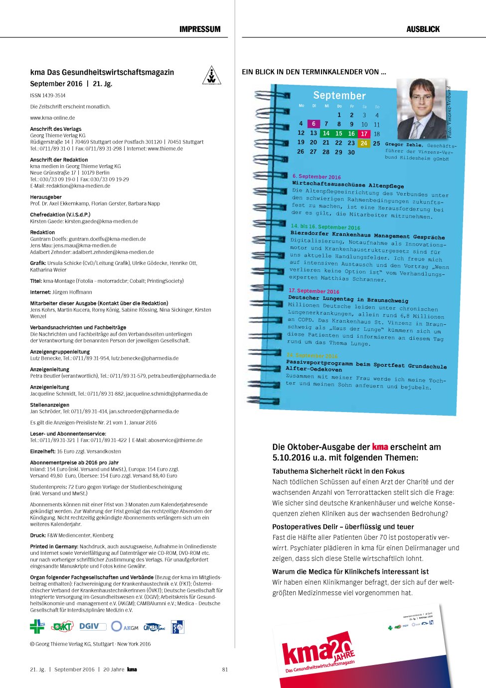 Vorschauseite 1: Die Oktober-Ausgabe der kma erscheint am 5.10.2016 u.a. mit folgenden Themen: