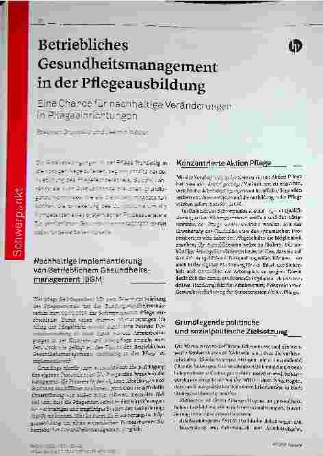 Vorschauseite 1: Betriebliches Gesundheitsmanagement in der Pflegeausbildung - Eine Chance für nachhaltige Veränderungen in Pflegeeinrichtungen.