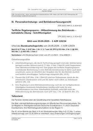 Vorschauseite 1: III. Personalvertretungsund Betriebsverfassungsrecht Tarifliche Regelungssperre – Mitbestimmung des Betriebsrats – betriebliche Übung – Schriftformgebot