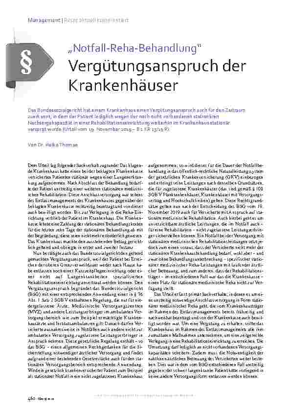 Vorschauseite 1: "Notfall-Reha-Behandlung" Vergütungsanspruch der Krankenhäuser