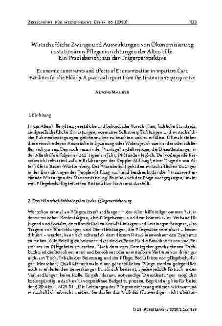 Vorschauseite 1: Wirtschaftliche Zwänge und Auswirkungen von Ökonomisierung in stationären Pflegeeinrichtungen der Altenhilfe. Ein Praxisbericht aus der Trägerperspektive.
