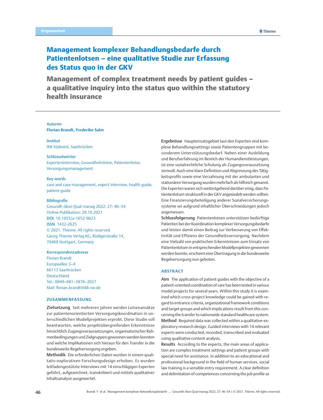 Vorschauseite 1: Management komplexer Behandlungsbedarfe durch Patientenlotsen – eine qualitative Studie zur Erfassung des Status quo in der GKV