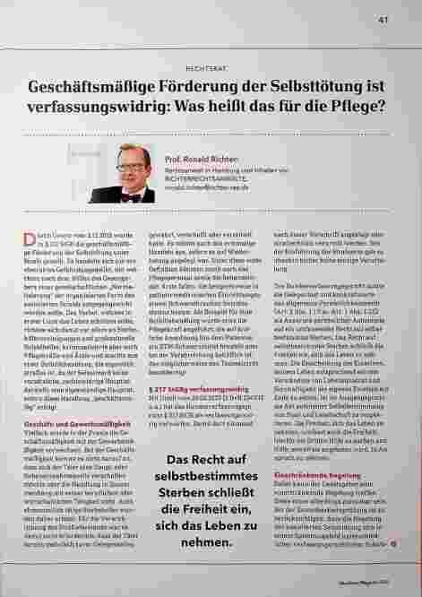 Vorschauseite 1: Geschäftsmäßige Förderung der Selbsttötung ist verfassungswidrig: Was heißt das für die Pflege?