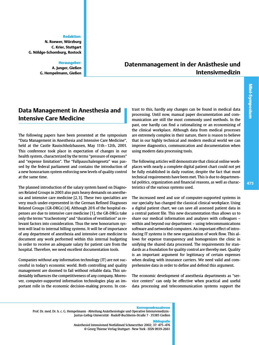 Vorschauseite 1: Data Management in Anesthesia and Intensive Care Medicine