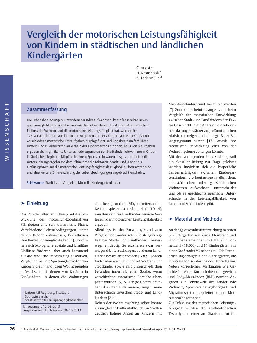 Vorschauseite 1: Vergleich der motorischen Leistungsfähigkeit von Kindern in städtischen und ländlichen Kindergärten