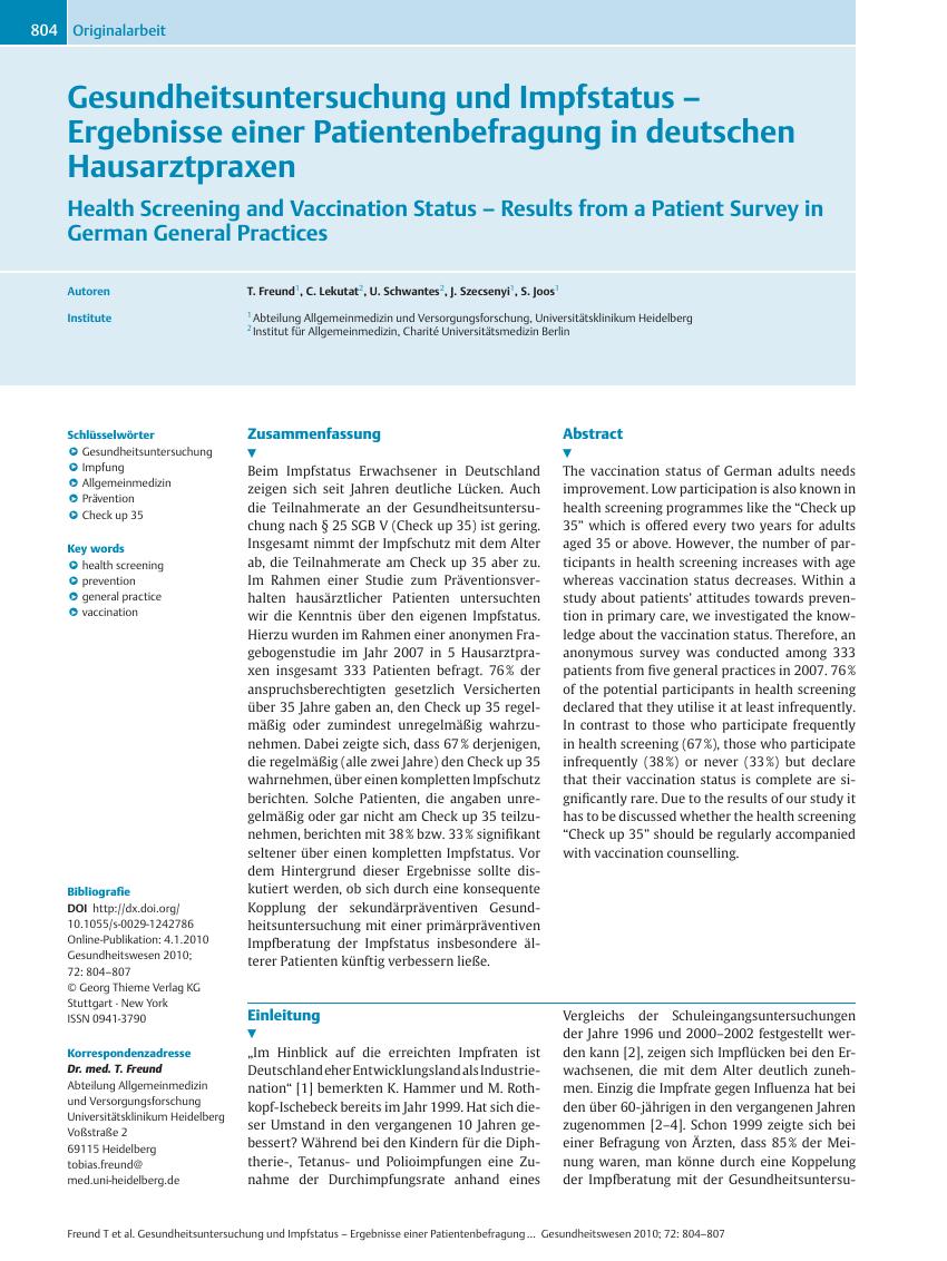 Vorschauseite 1: Gesundheitsuntersuchung und Impfstatus – Ergebnisse einer Patientenbefragung in deutschen Hausarztpraxen