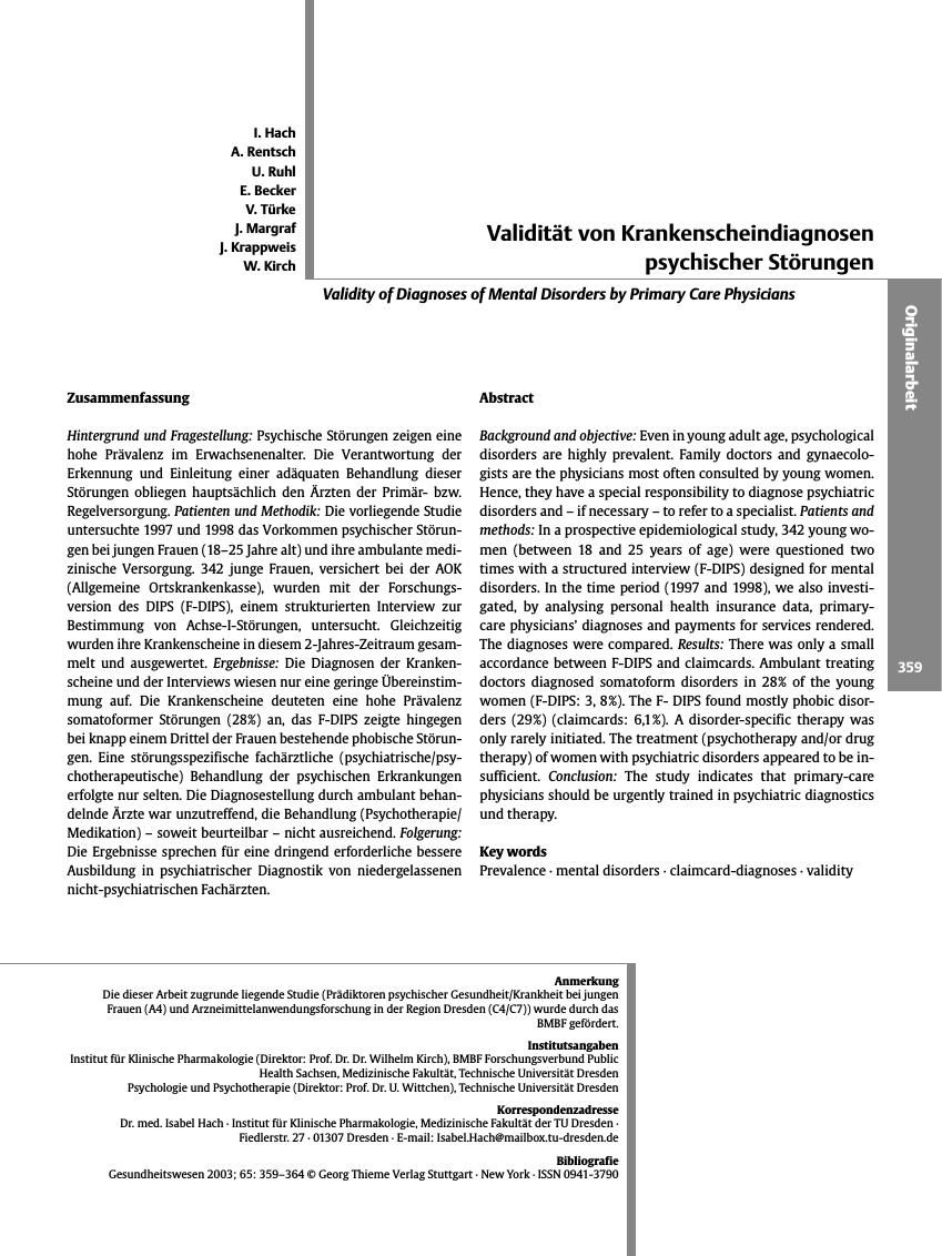 Vorschauseite 1: Validität von Krankenscheindiagnosen psychischer Störungen