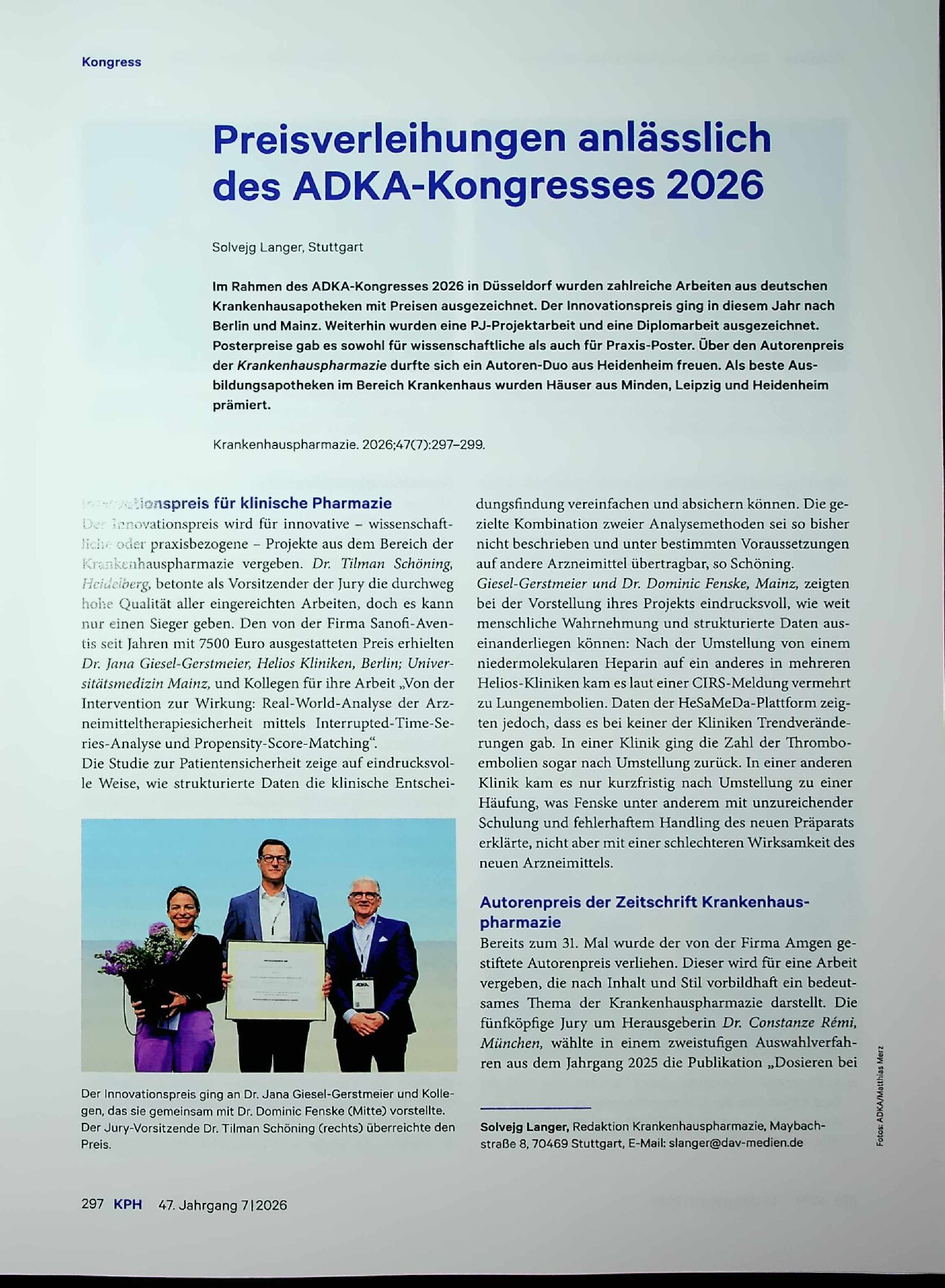 Vorschauseite 1: Preisverleihungen anlässlich des ADKA-Kongresses 2026