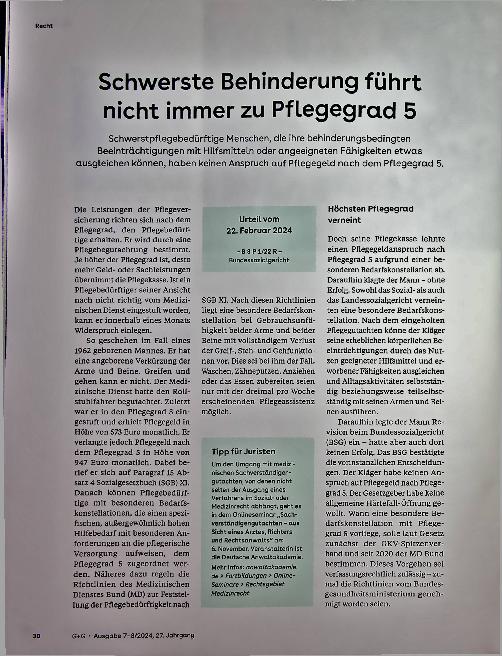 Vorschauseite 1: Schwerste Behinderung führt nicht immer zu Pflegegrad 5.