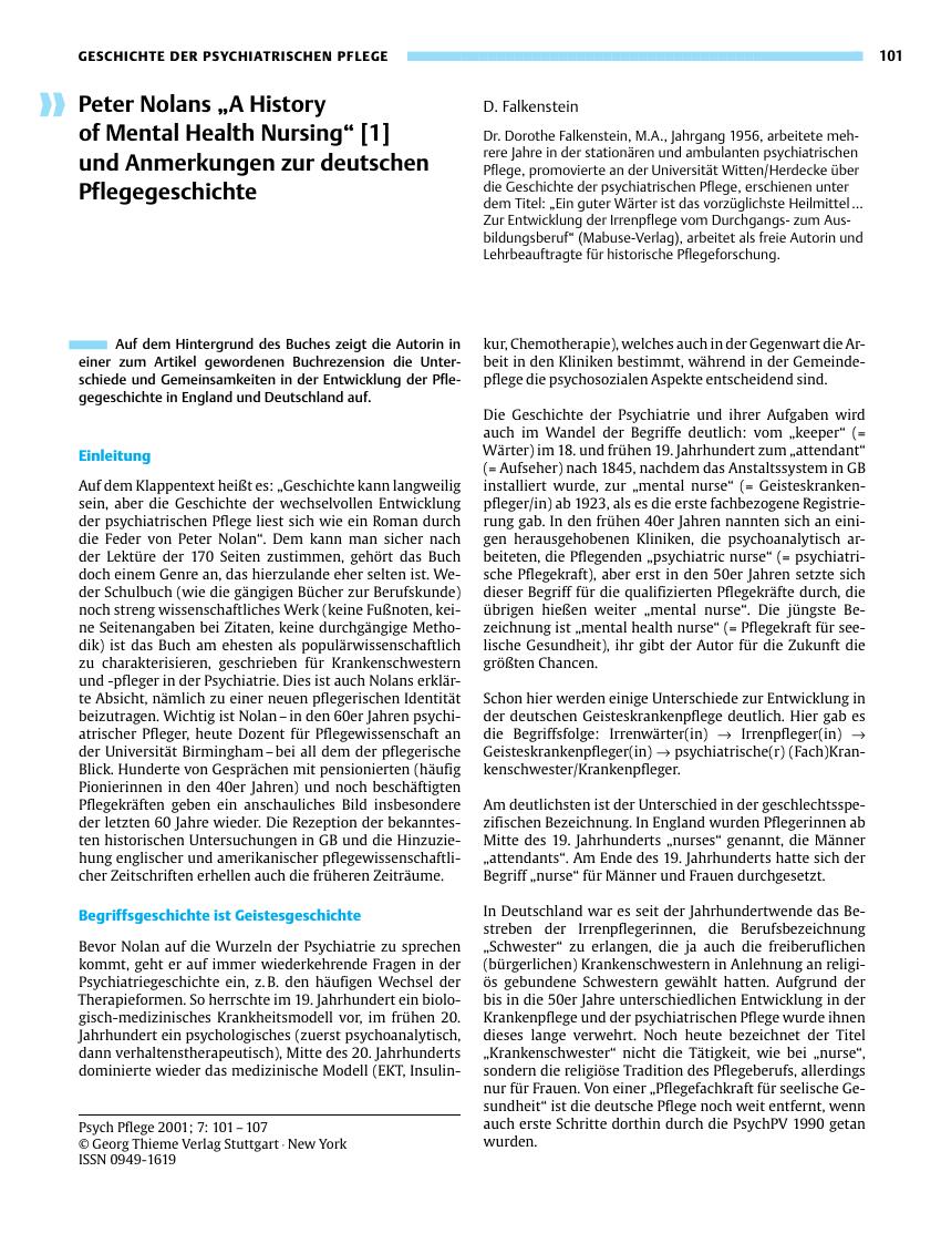 Vorschauseite 1: Peter Nolans „A History of Mental Health Nursing” und Anmerkungen zur deutschen Pflegegeschichte