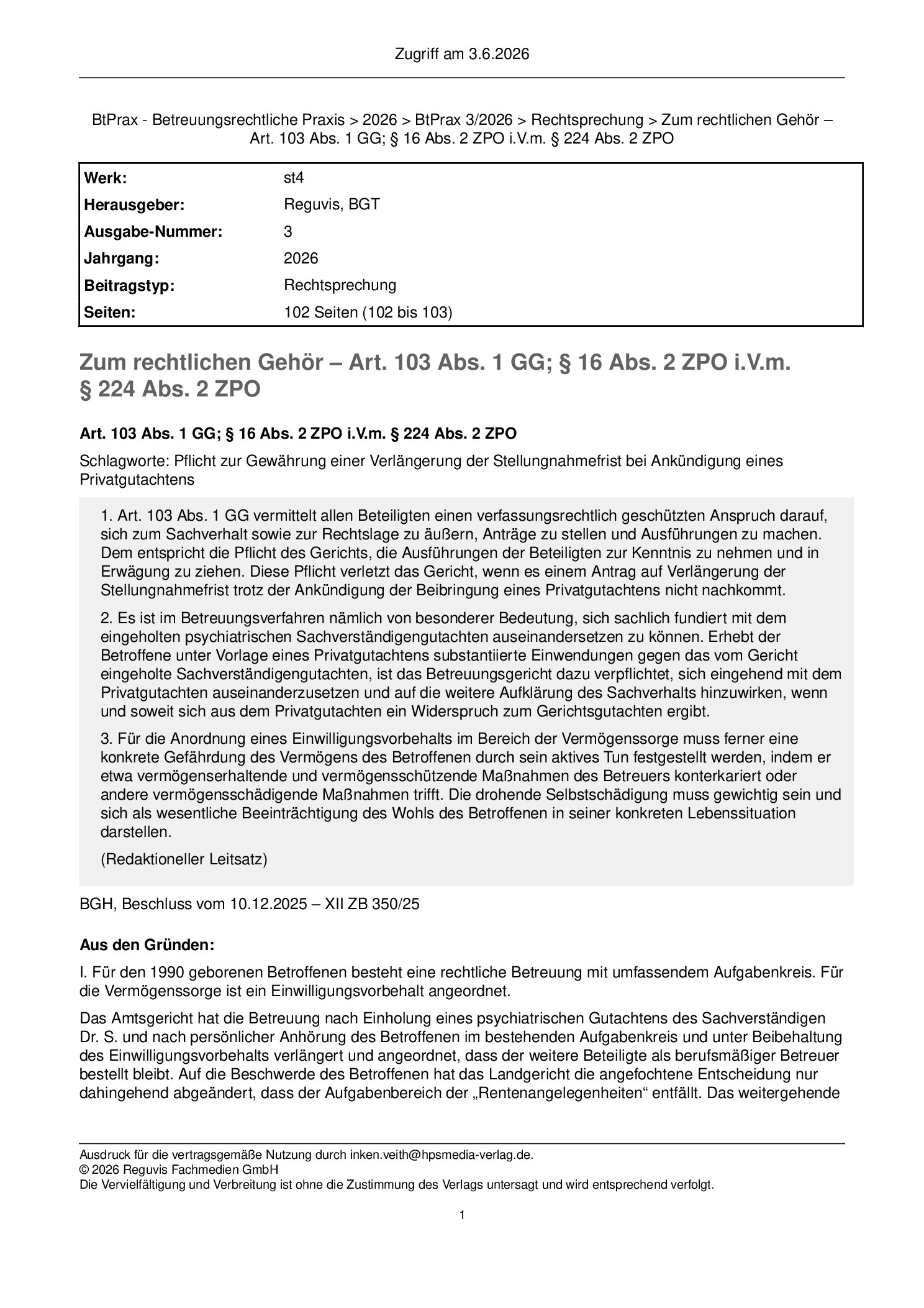 Vorschauseite 1: Zum rechtlichen Gehör – Art. 103 Abs. 1 GG; § 16 Abs. 2 ZPO i. V. m. § 224 Abs. 2 ZPO