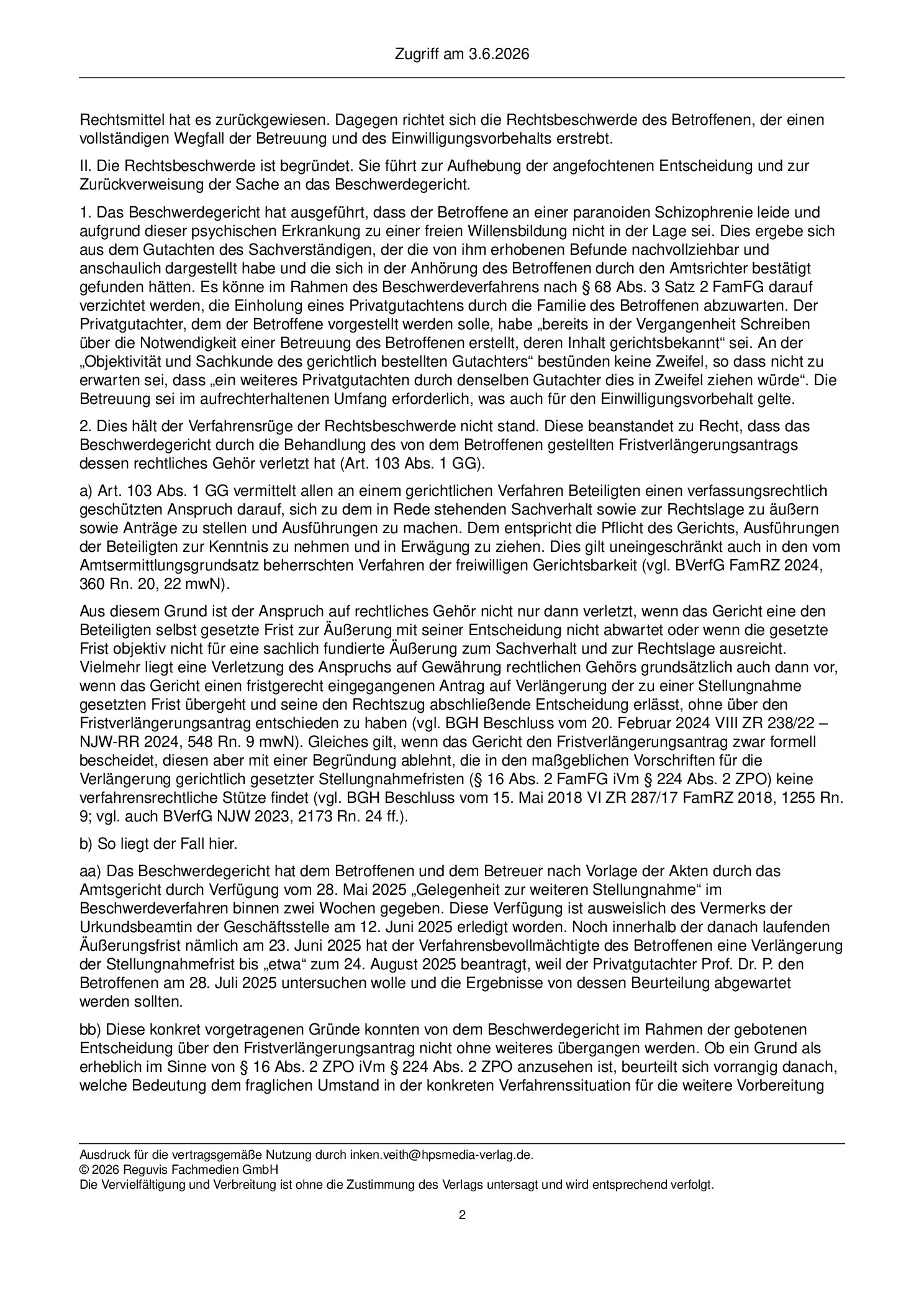 Vorschauseite 2: Zum rechtlichen Gehör – Art. 103 Abs. 1 GG; § 16 Abs. 2 ZPO i. V. m. § 224 Abs. 2 ZPO