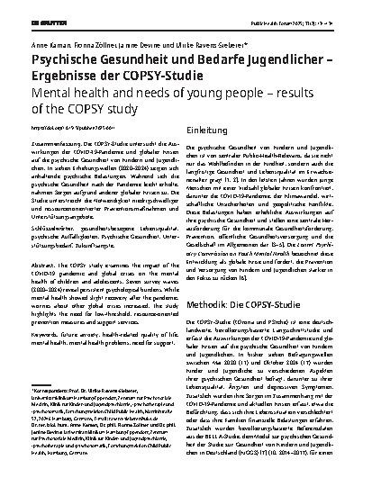 Vorschauseite 1: Psychische Gesundheit und Bedarfe Jugendlicher – Ergebnisse der COPSY-Studie