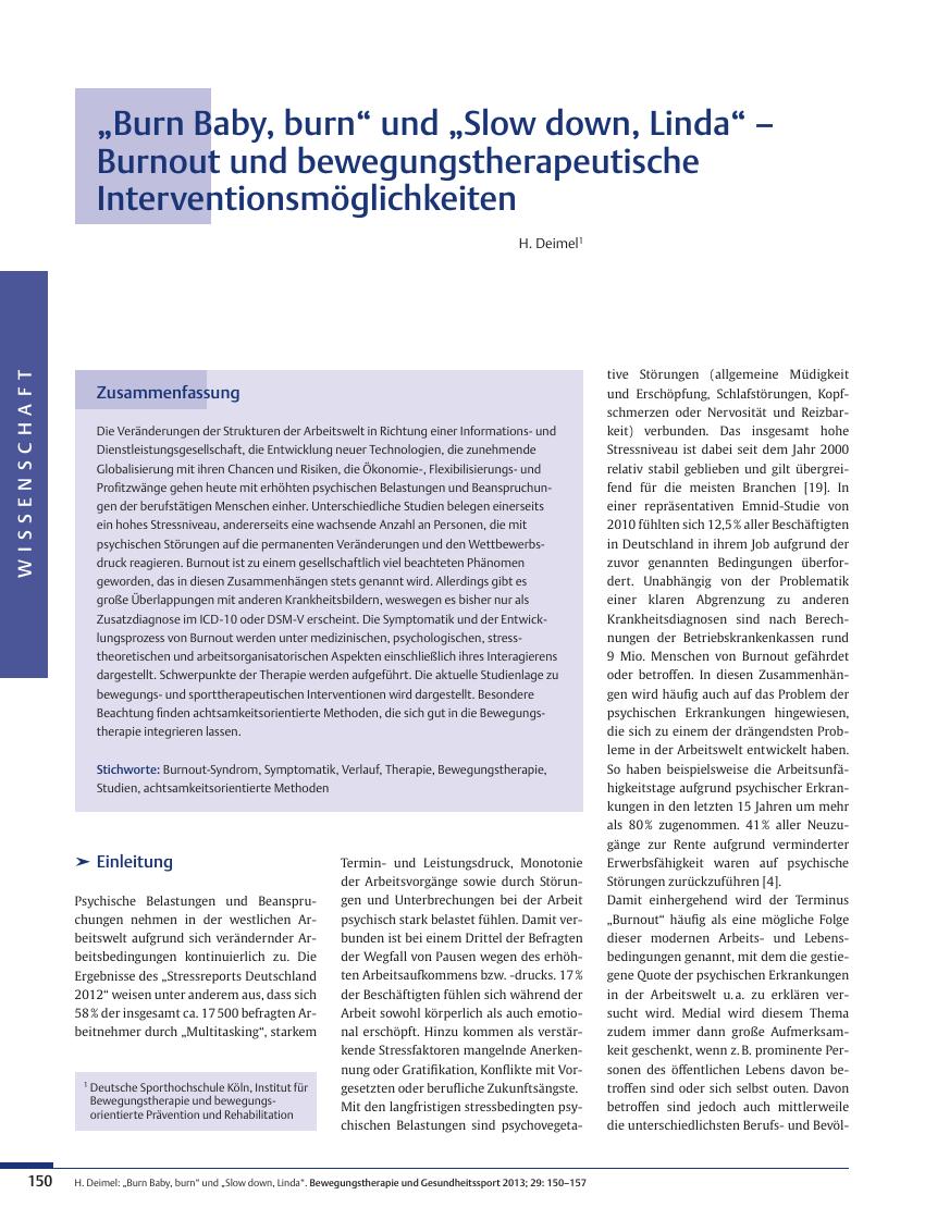 Vorschauseite 1: „Burn Baby, burn“ und „Slow down, Linda“ – Burnout und bewegungstherapeutische Interventionsmöglichkeiten
