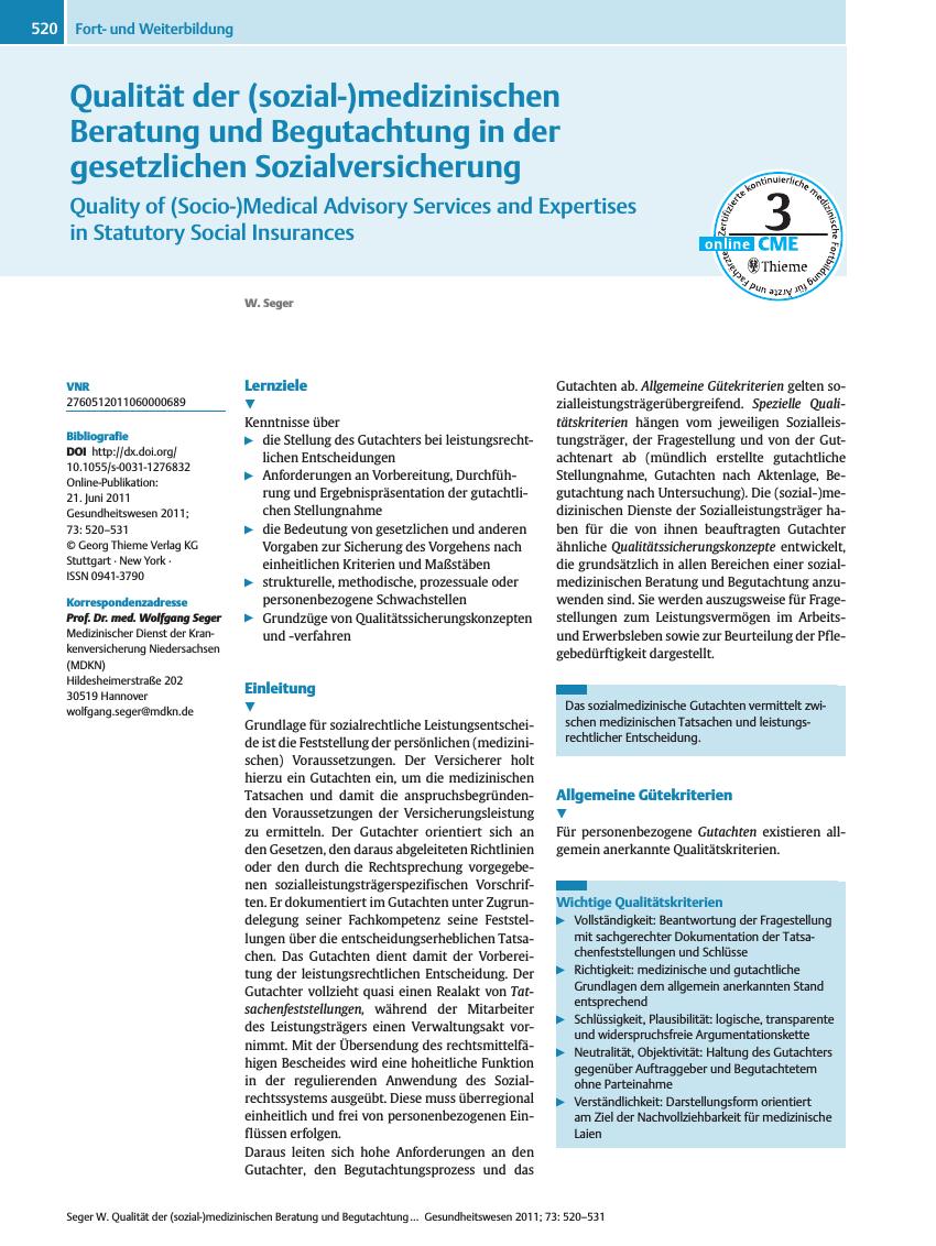 Vorschauseite 1: Qualität der (sozial-)medizinischen Beratung und Begutachtung in der gesetzlichen Sozialversicherung