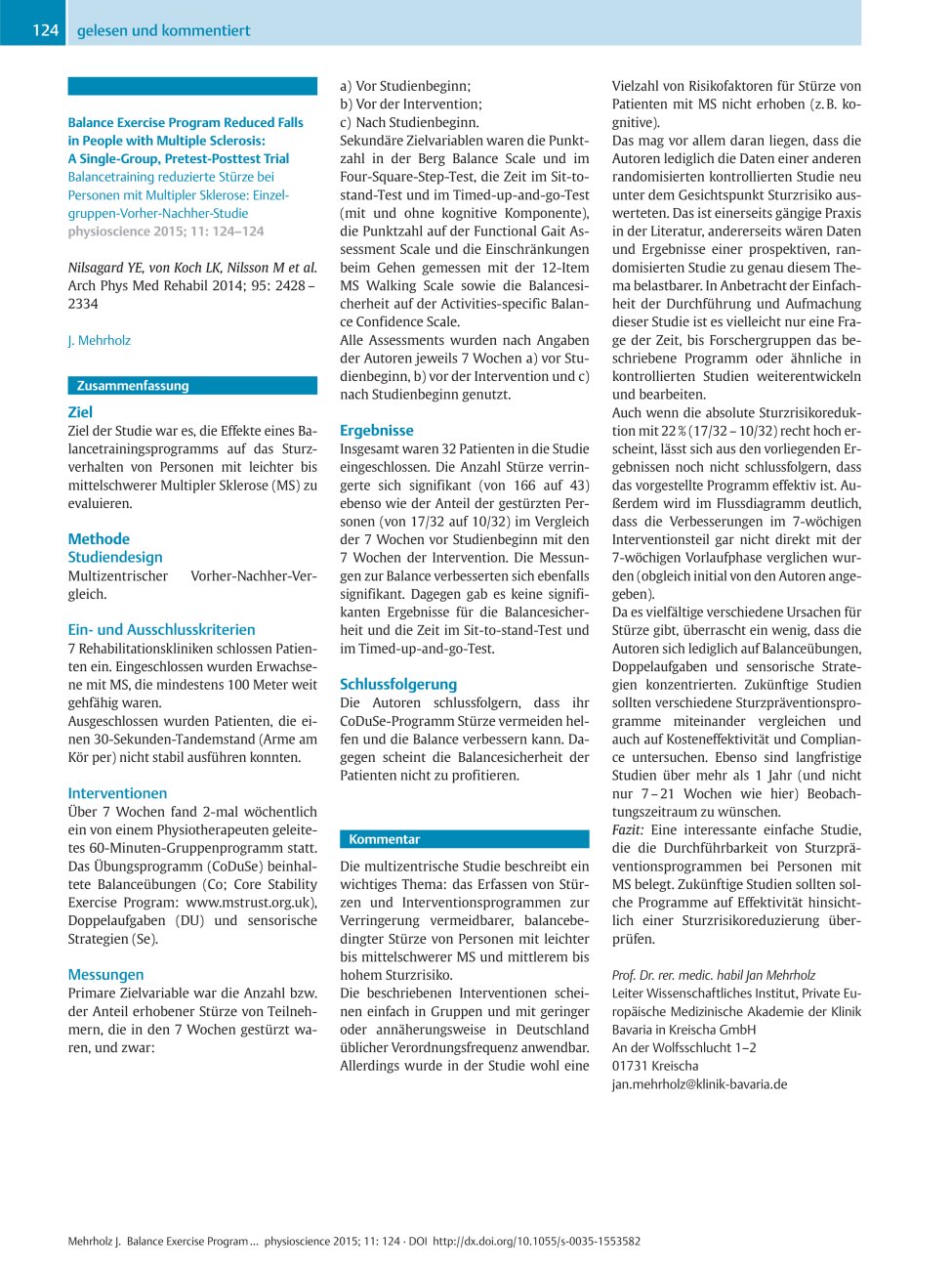 Vorschauseite 1: Balance Exercise Program Reduced Falls in People with Multiple Sclerosis: A Single-Group, Pretest-Posttest Trial