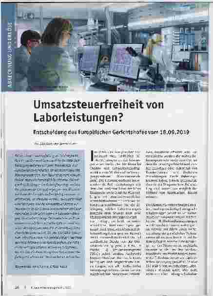 Vorschauseite 1: Umsatzsteuerfreiheit von Laborleistungen? Entscheidung des Europäischen Gerichtshofs vom 18. 09. 2019