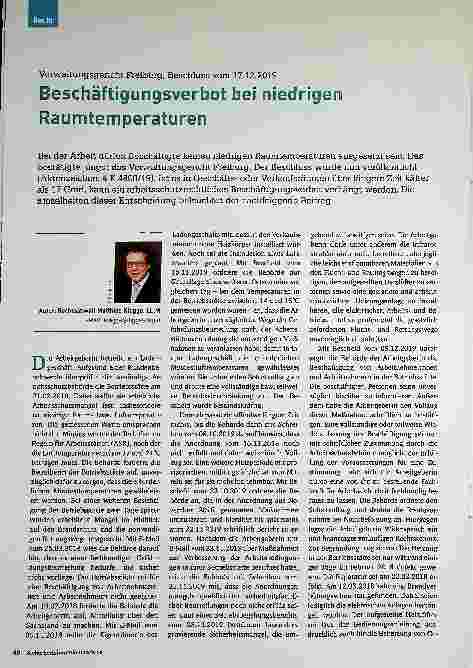 Vorschauseite 1: Beschäftigungsverbot bei niedrigen Raumtemperaturen
