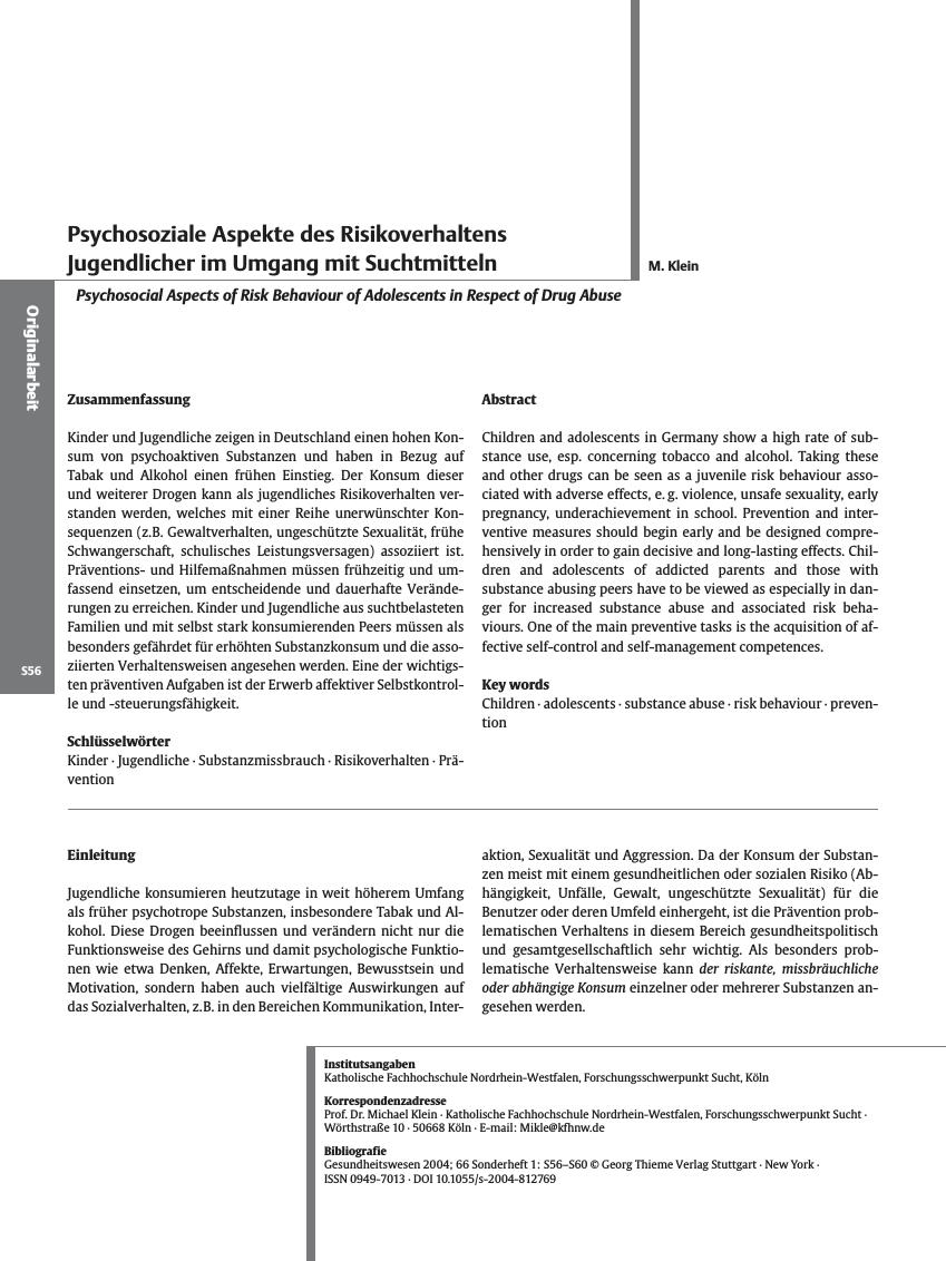 Vorschauseite 1: Psychosoziale Aspekte des Risikoverhaltens Jugendlicher im Umgang mit Suchtmitteln