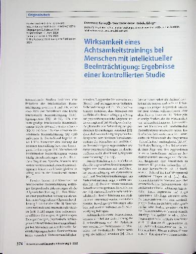 Vorschauseite 1: Wirksamkeit eines Achtsamkeitstrainings bei Menschen mit intellektueller Beeinträchtigung: Ergebnisse einer kontrollierten Studie